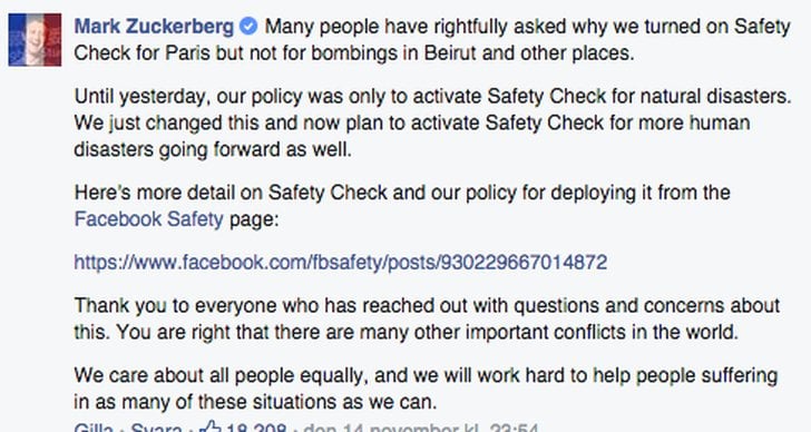 Mark Zuckerberg, Terrorattackerna i Paris